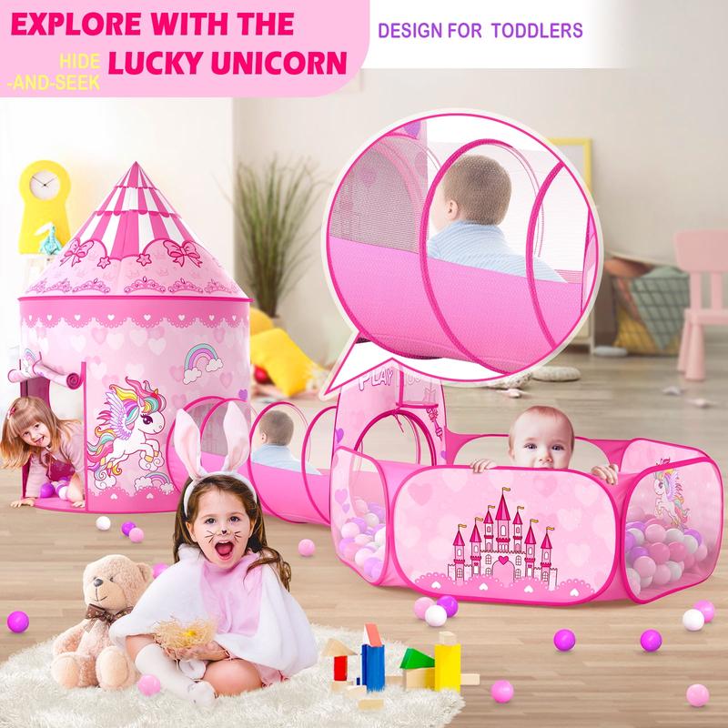 Princess Castle Kids Play Tent tunnel for Girls 4-12 Years Children Toys Pink Ball Pit Tent  with Pop-up Tunnel Indoor Outdoor Playhouse indoor