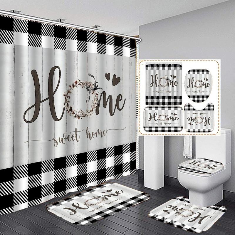 Plaid & Letter Pattern Decorative Bathroom Home Decor Set, 4counts Modern Non-slip Bathroom Decoration Set Including Water Proof Bath Curtain, Toilet Lid Mat & Bath Mat, Bath Rugs, Summer Bathroom Accessories, Household Bundle