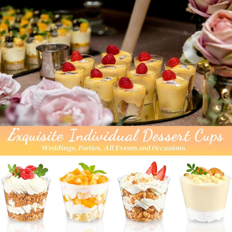 TOFLEN 50 Pack 5 oz Mini Dessert Cups with Spoons, Round Cake Cups Party Serving Cups for Parfait, Appetizers, Cocktails, Dessert Shooters & Dessert Shot Glasses Disposable Plastic