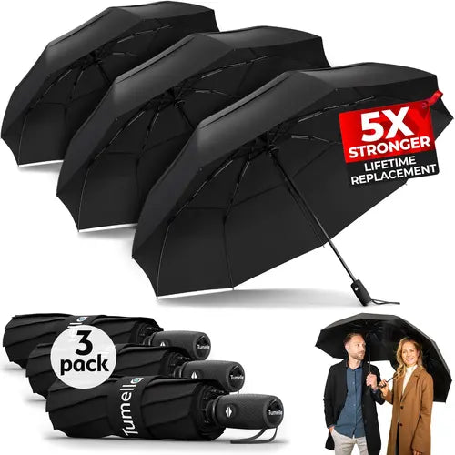 Tumella 9-Rib Triple Solid Black (3 pack Solid Black) Lightweight Umbrella