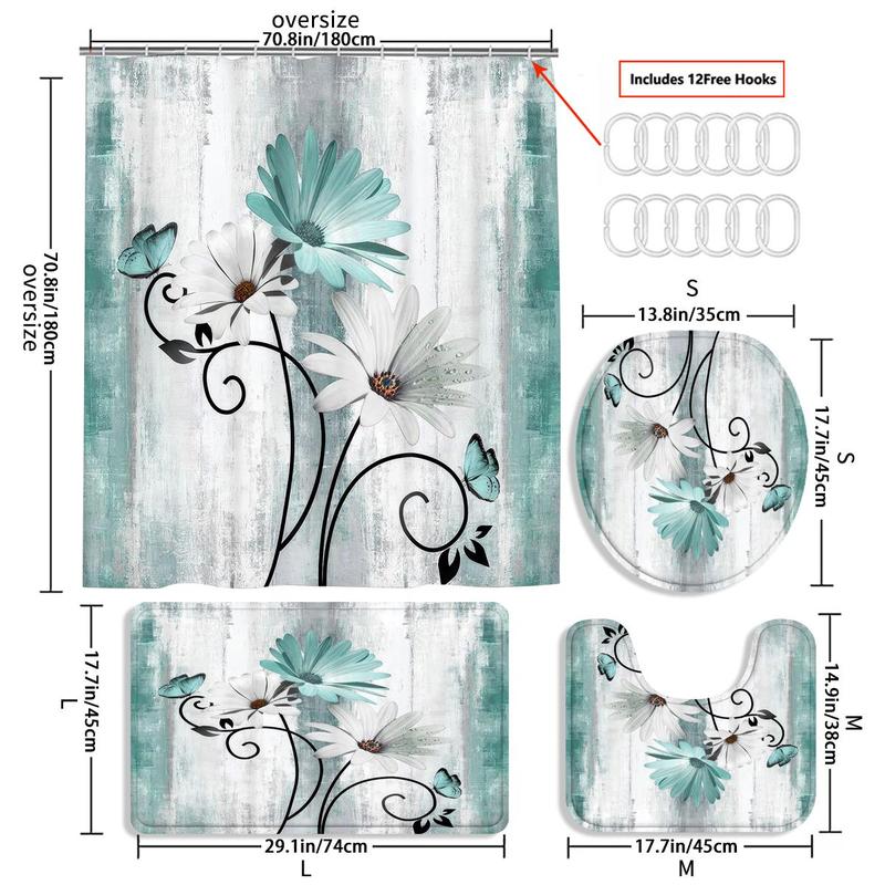 Floral Shower Curtain, Modern Waterproof Bathroom Set With Shower Curtain & Non-slip Mats & Toilet Seat & Hooks, Exquisite Decoration For Bathroom