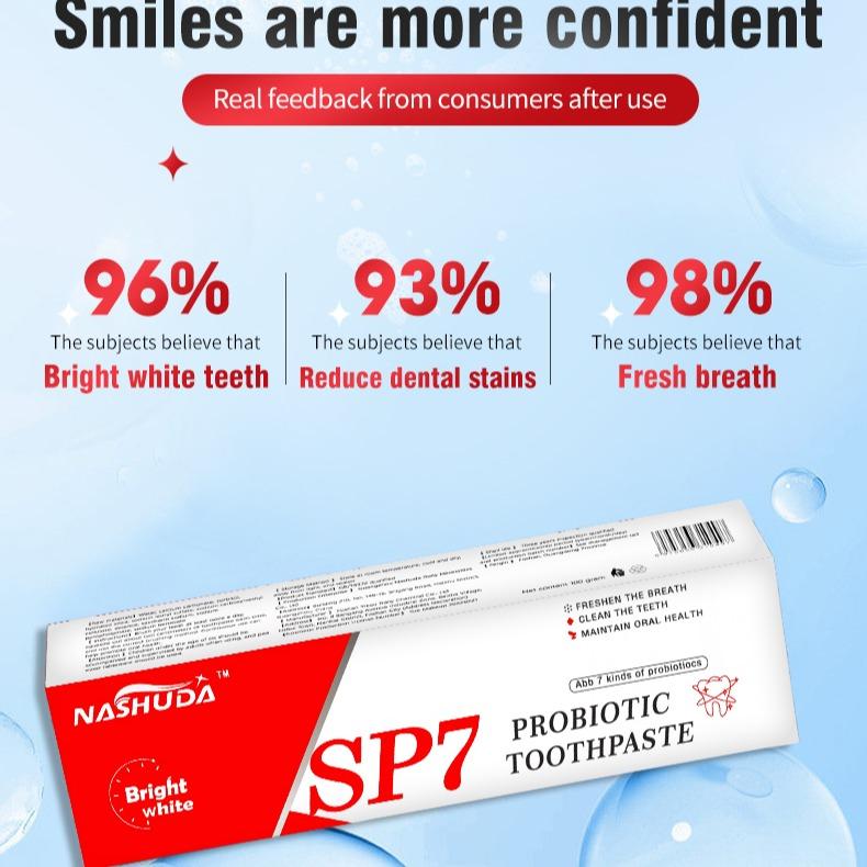 SP-7 Probiotic Toothpaste EnhancedFormula Balances The OralMicrobiome, Removes Stains, AndProvides Long-lasting Fresh Breath.