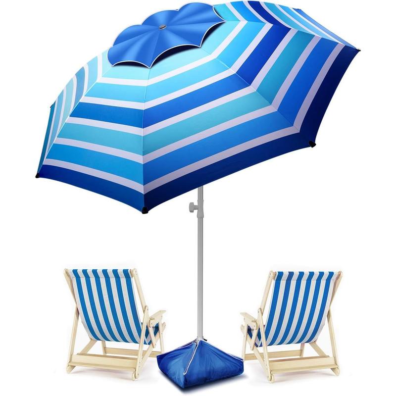 8FT Large Beach Umbrella Level 7 Wind Resistance Design, Sand Anchor, Sand Bag, Portable Outdoor Umbrella with Protection, Tilt Sun Shelter, Windproof Umbrella for Beach, Patio, Yard