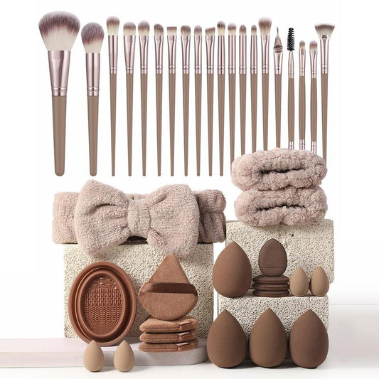 Summer Makeup Tool Set, Including 20pcs Brush & 4 Sponge & 4 Mini Sponge & 4 Triangle Puff & 4 Mini Puff & 1 Brush Cleaning Tool & 1 Hairband & 2 Wristband, Birthday Makeup,?Back To School