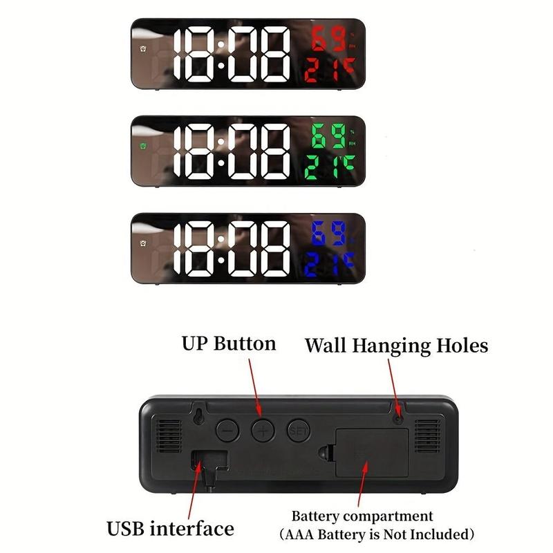 USB Powered Large Digital Wall Clock, Temperature & Humidity Date Display Alarm Clock, 12/24H Electronic LED Clock?[Battery Required, without Battery]