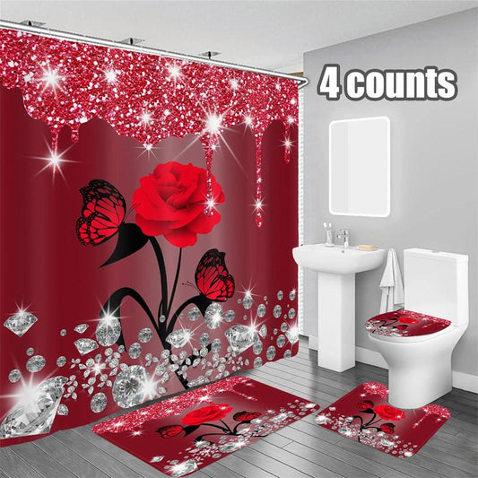 Rose Pattern Bathroom Curtain Set, 4counts/set Including 3counts Mats & 1count Waterproof Shower Curtain with 12 Hooks, Fall Essentials Bathroom Accessories for Home Decor, Bathroom Decor Set, Halloween Decor for Gifts, Bedroom Decor for Christmas Gift