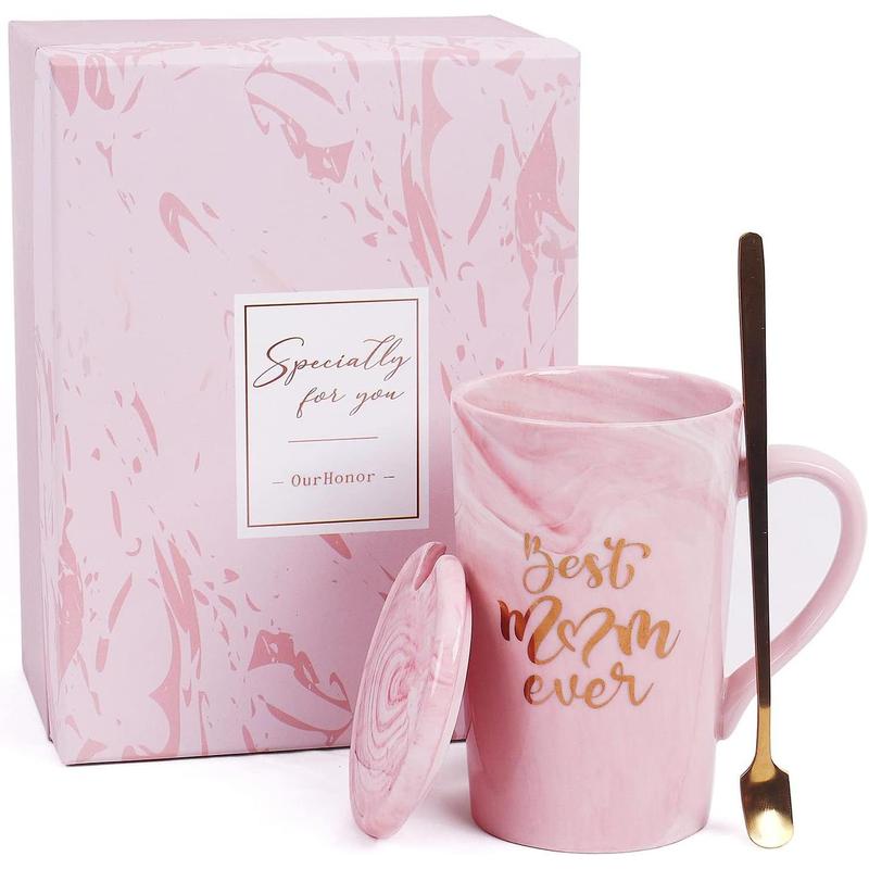 Mom Coffee Mug,  Mom Ever Mug, 16 Oz Coffee Cup With Exquisite Box Packing Spoon, Pink Ceramic Marble Mothers Funny Ideas Mug, Pregnancy Birthday Valentine Christmas Gift