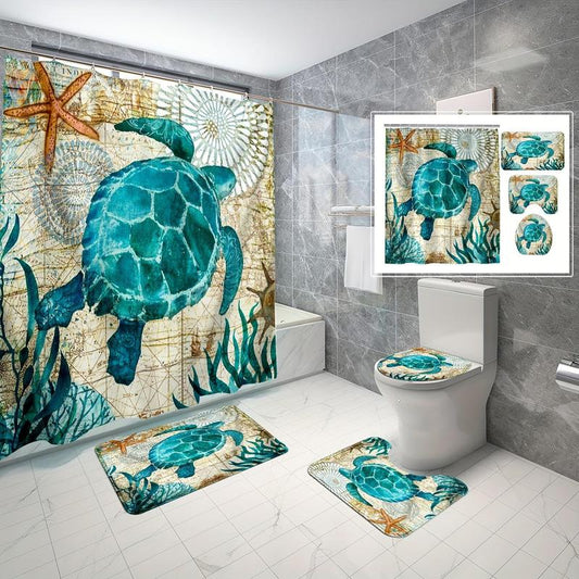 Sea Turtle Pattern Bathroom Decor Set, 4counts/set Bathroom Accessories, Including Shower Curtain, Bath Mat, Toilet Lid Cover and U-shaped Toilet Rug