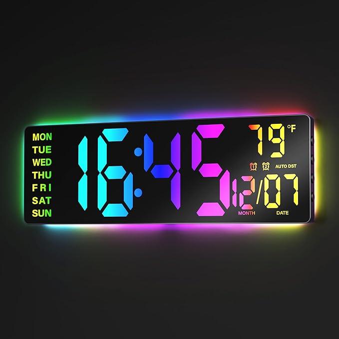 16.5" Large Digital Wall Clock with Remote Control, RGB Atmosphere Lights with 11 Scenes Mode, Dual Alarms with Big LED Display, Classroom, Game Decor