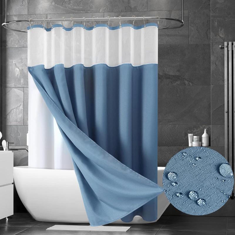 Textured Shower Curtain Shimmery Color Blue White Splice Double Layer Textured Mesh Top Window Polyester Fabric Waterproof Bathroom Shower Curtain