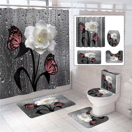 [4 Pcs] Bathroom Shower Curtain Set, Flower & Butterfly Style with 12 Hooks