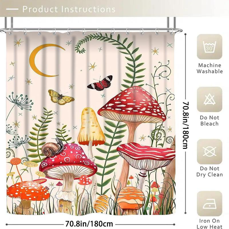 Mushroom Plant Leaf Butterfly Moon Pattern Bathroom Decorations Set, 4 Counts/set Including Shower Curtain & Bath Mat & U Shape Toilet Mat & Toilet Lid Cover, Household Bathroom Accessories for Home Decor