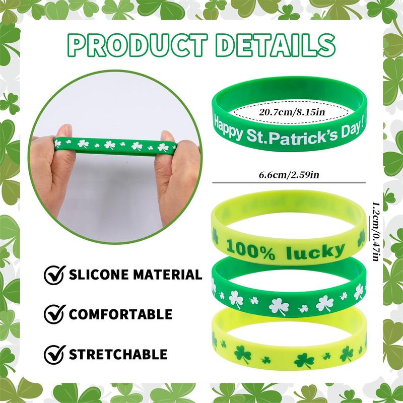 Rubber Wristband, 24pcs Lucky Shamrock?Leaf Clover Pattern Bracelet Set, Party Decoration Supplies for Gifts Festive, Party Favors, Spring Ornaments