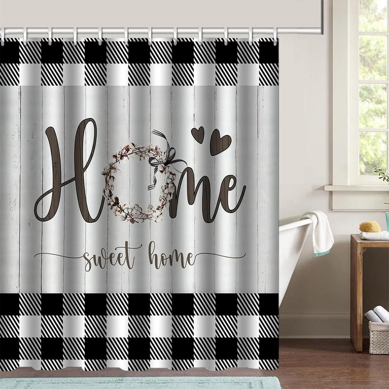 Plaid & Letter Pattern Decorative Bathroom Home Decor Set, 4counts Modern Non-slip Bathroom Decoration Set Including Water Proof Bath Curtain, Toilet Lid Mat & Bath Mat, Bath Rugs, Summer Bathroom Accessories, Household Bundle