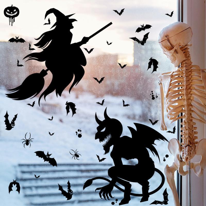 1 Sheet Halloween Window Clings, Black Ghost Bat Skull Window Clings, Spooky Reusable Static Window Stickers, Halloween Decoration, Party Supplies