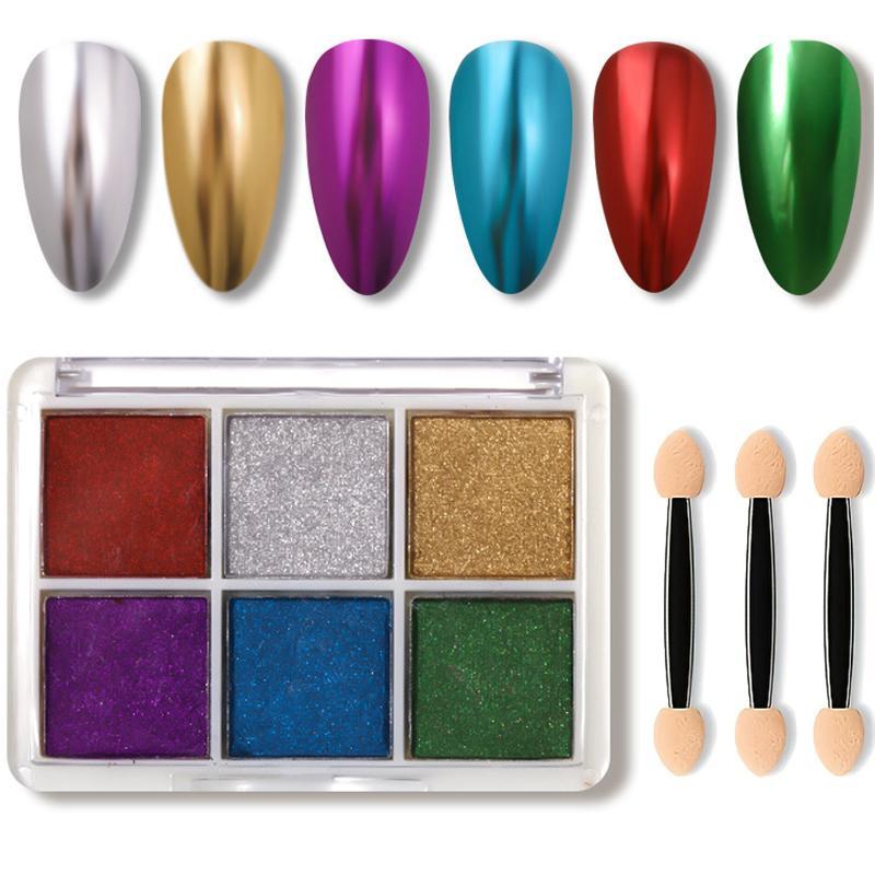 Metallic Shimmer Nail Powder Palette, 6 Colors Mermaid Iridescent Pigmented Powder Palette for Gel Nails, with 3 Counts Applicator Brush, DIY Nail Art Supplies