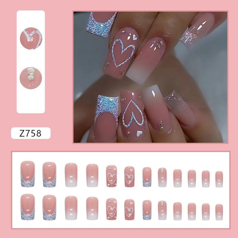 Glitter Heart Pattern Fake Nails, 24pcs Long Square False Nails for Women & Girls, Effortless Press on Nails Manicure Set