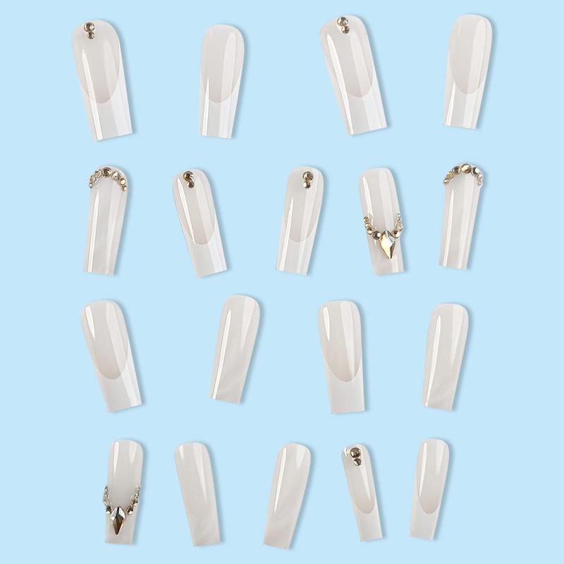 White Press on Fake Nail for Women & Girls Nail Art, 24pcs/set Rhinestone Decor Fashion Press on Nails & Sticker Sheet Tape & Nail File & Wooden Stick, Elegant Stick on Nails Kit for Women's Gift