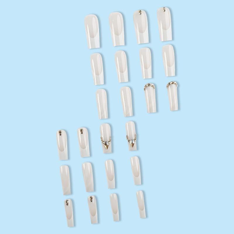 White Press on Fake Nail for Women & Girls Nail Art, 24pcs/set Rhinestone Decor Fashion Press on Nails & Sticker Sheet Tape & Nail File & Wooden Stick, Elegant Stick on Nails Kit for Women's Gift