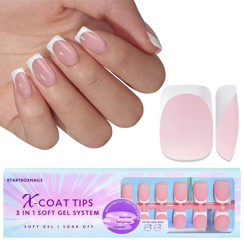 BTArtboxnails French Tip Press On Nails - Product only Short Square Soft Gel Nail Tips Pink XCOATTIPS Fake Nails