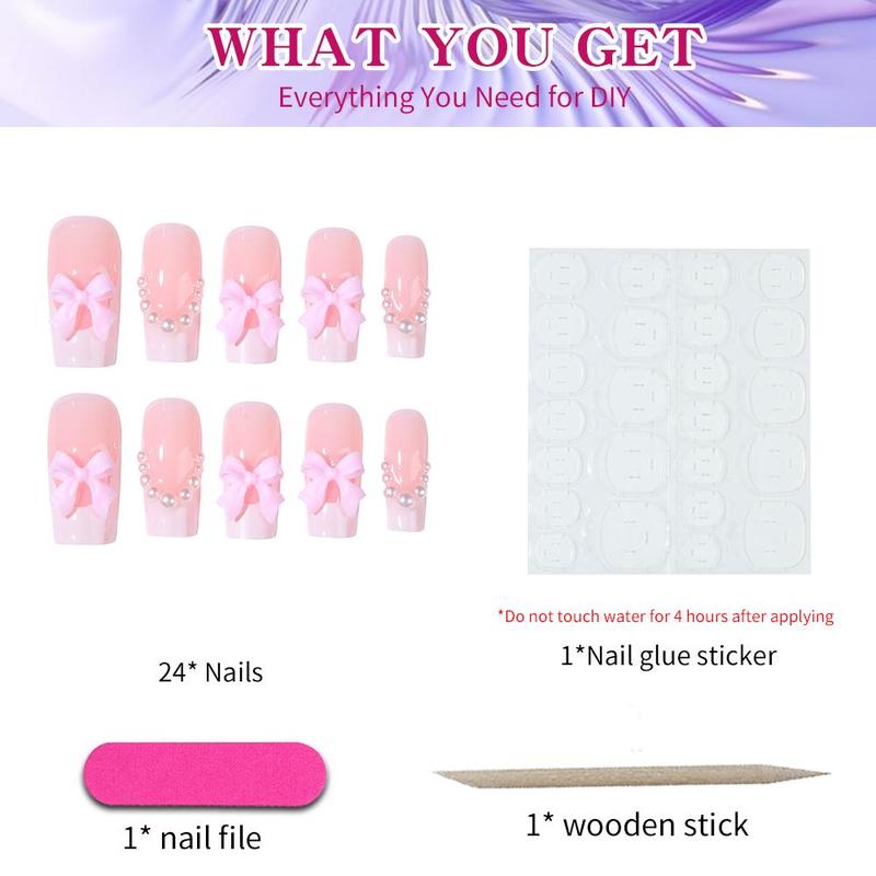 Bow & Faux Pearl Decor Square Fake Nail, 24pcs French Style Short Square Nail for Nail Art, Including Jelly Glue & Rubbing Strip & Wooden Stick, Summer Gifts, Dynamic Nail Supply, Korean Glass Jelly Nails