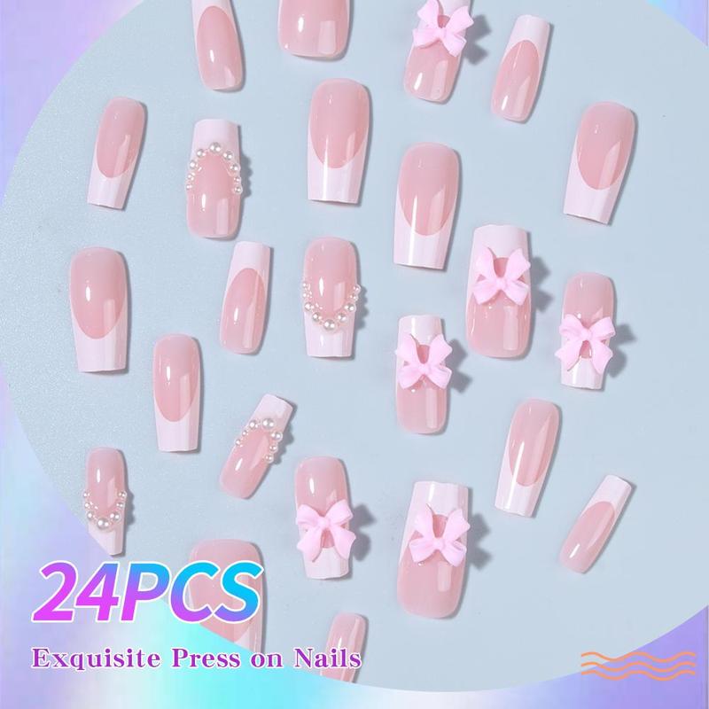 Bow & Faux Pearl Decor Square Fake Nail, 24pcs French Style Short Square Nail for Nail Art, Including Jelly Glue & Rubbing Strip & Wooden Stick, Summer Gifts, Dynamic Nail Supply, Korean Glass Jelly Nails