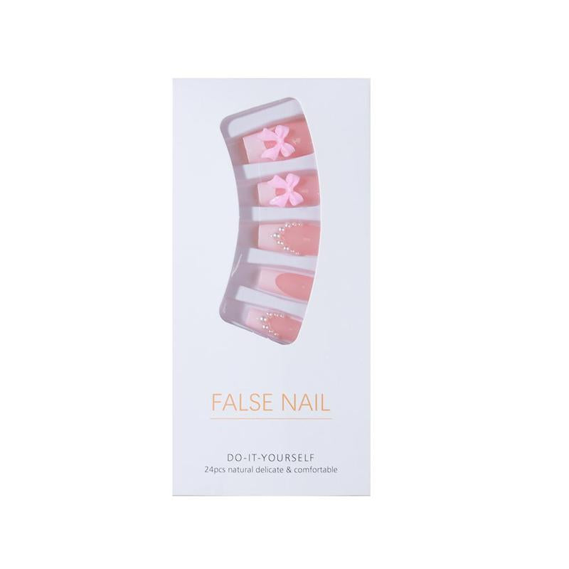 Bow & Faux Pearl Decor Square Fake Nail, 24pcs French Style Short Square Nail for Nail Art, Including Jelly Glue & Rubbing Strip & Wooden Stick, Summer Gifts, Dynamic Nail Supply, Korean Glass Jelly Nails