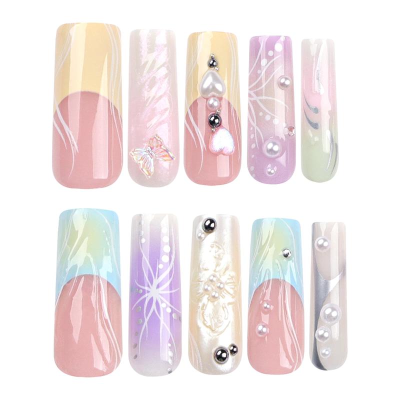 3D Dazzling Butterfly and Heart Pattern Fake Nails (24pcs/box), Long Square False Nails with 1 Nail File & 1 Sticker Sheet for Women & Girls DIY Nail Art, French Style Press On Nails Kit