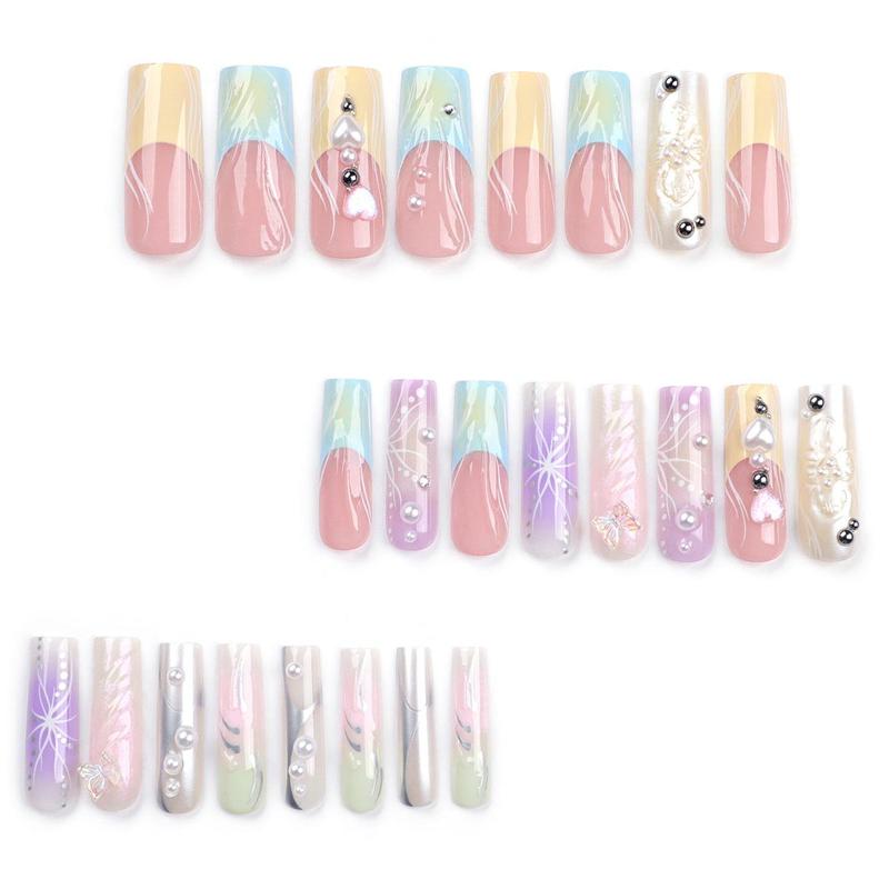 3D Dazzling Butterfly and Heart Pattern Fake Nails (24pcs/box), Long Square False Nails with 1 Nail File & 1 Sticker Sheet for Women & Girls DIY Nail Art, French Style Press On Nails Kit