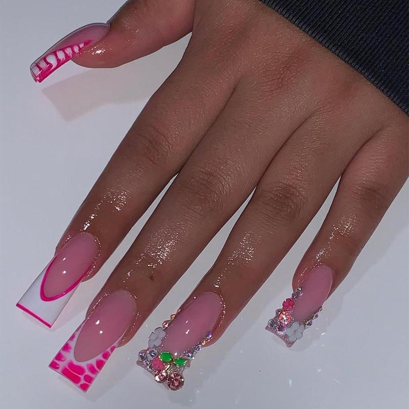 Rhinestone & Cherry Decor Fake Nails with 1 Nail File & 1 Sticker Sheet (24pcs/box), French Style Duckbill Shaped Press On Nails, Stick On Nails DIY Nail Art Kit