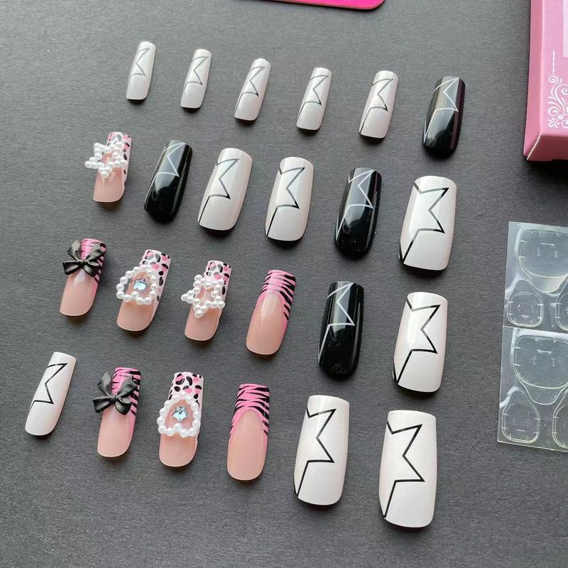 Pearl Decor False Nail with 1 Adhesive Tape & 1 Nail File, 24pcs Glossy Square Full Cover False Nails, DIY Removable Manicure Tools Kit for Women & Girls