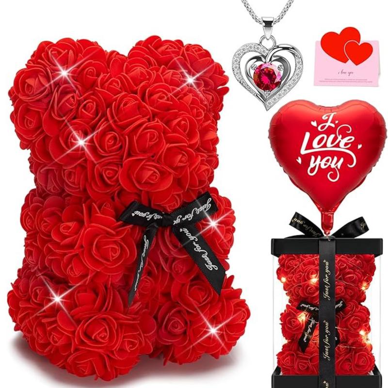 Rose Bear Gifts for Women, Flower Bear with Box Necklace Greeting Card Lights Balloon, Romantic Valentine's Day Gifts for Her Mom Girlfriend Wife, Anniversary Birthday Present & Decoration Set