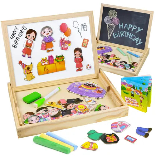 Play Brainy Educational Magnetic Toys with Magnet Board, Dry Erase Board, and 47 Interactive Wooden Characters