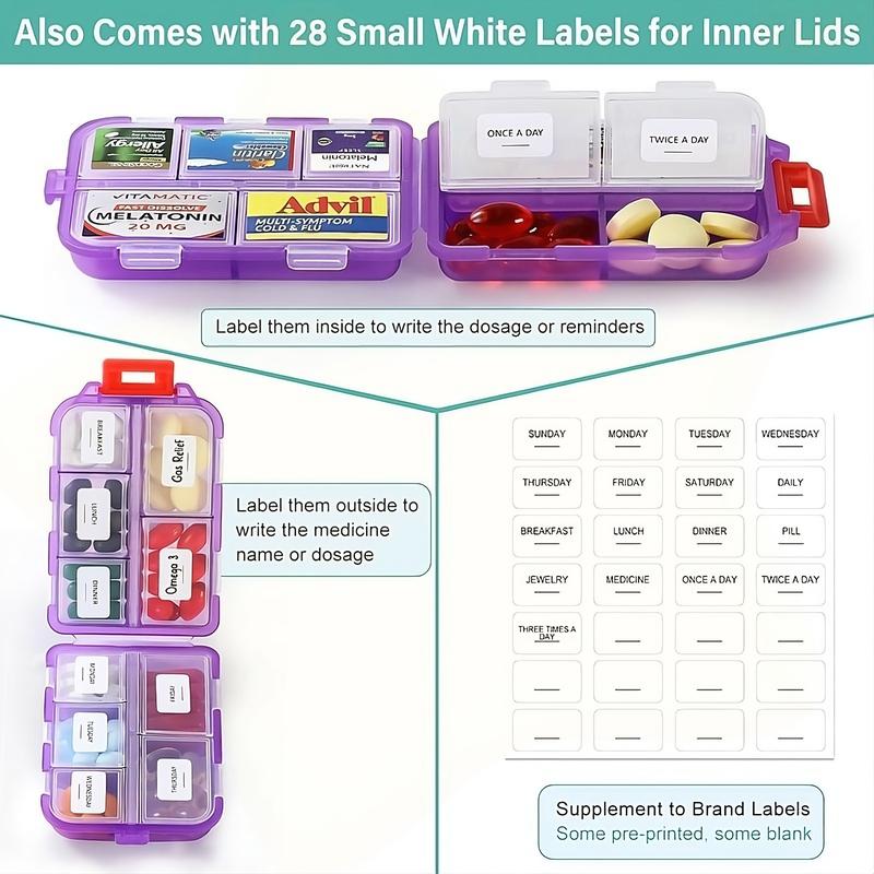 Travel Pill Organizer Box, Portable Pocket Purse Pharmacy, 147 Brand Labels , 10 Compartment Small Pill Case Medicine Kit, Daily Weekly Vitamin Supplement Medication Holder