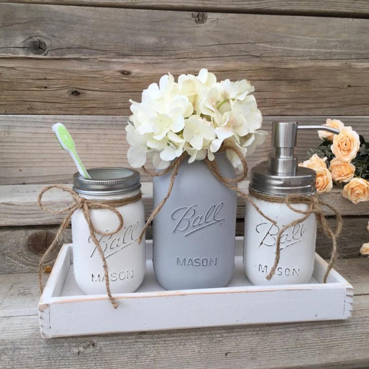 Mason Jar Bath Set, Grey Farmhouse Bathroom Decor, Gray Bathroom Decor,Custom Bathroom Decor,Mason Jar Bathroom Sets, Country Bath