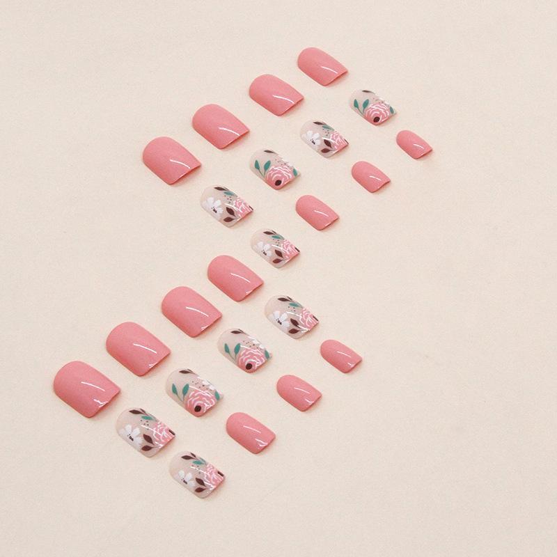 Short Floral Pattern Square Fake Nails, 24pcs False Press on Nails & 1 Sheet Jelly Sticker & 1 Nail File for Women Nail Art, Elegant Stick on Nails Kit