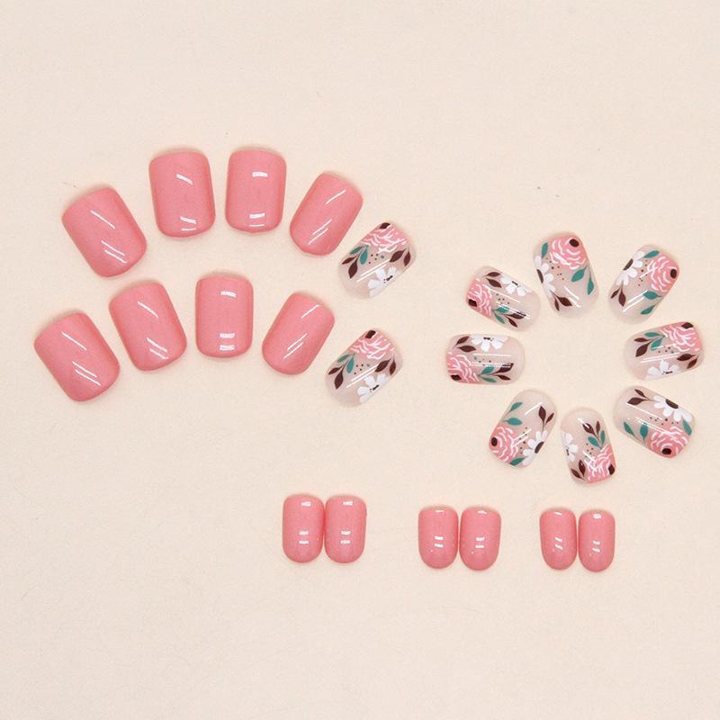 Short Floral Pattern Square Fake Nails, 24pcs False Press on Nails & 1 Sheet Jelly Sticker & 1 Nail File for Women Nail Art, Elegant Stick on Nails Kit