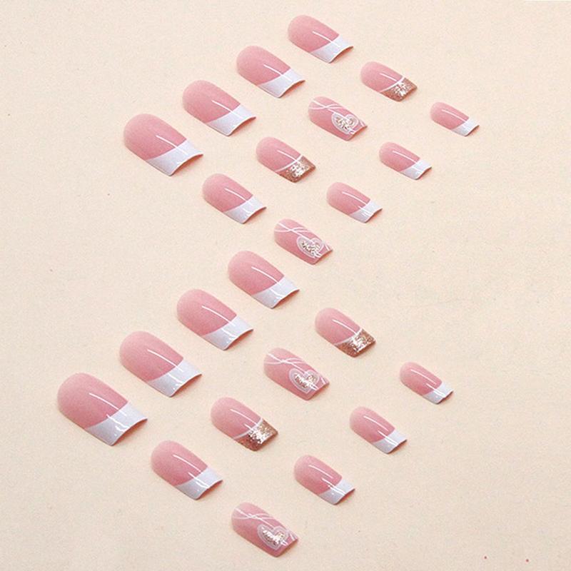 Heart Patterns with 1 Nail File & 1 Sticker Sheet, 24pcs Short Square False Nails for Women & Girls DIY Nail Art, French Style Press on Nails