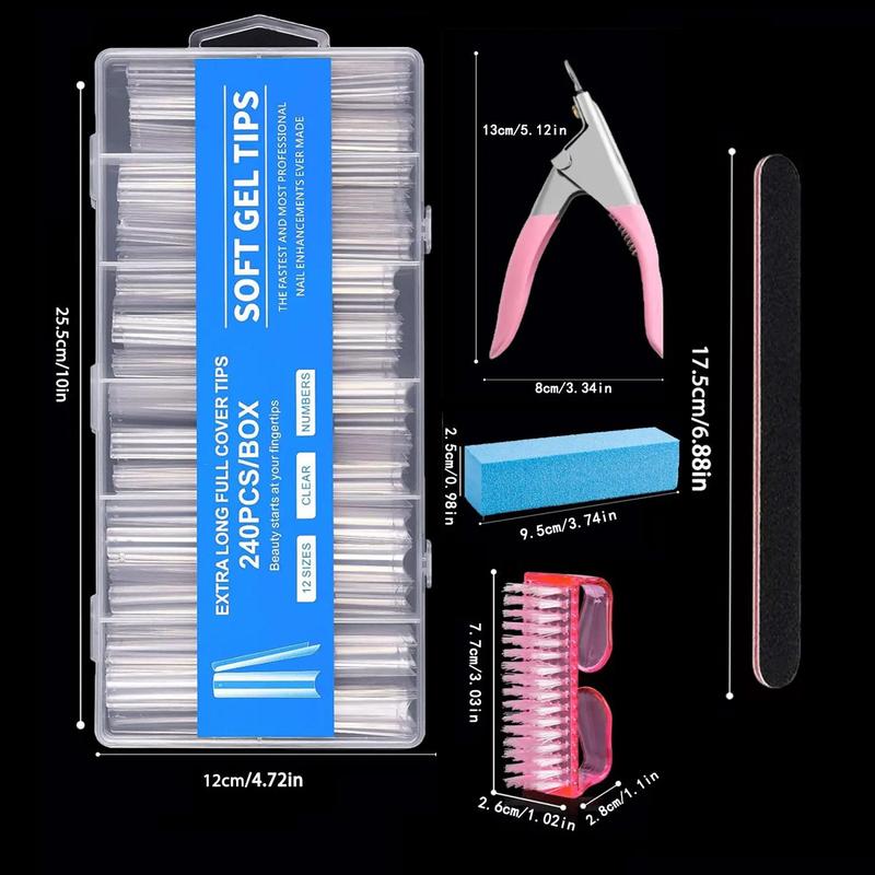 Clear Nail Tips & Auxiliary Tools, 240pcs/set Extra Long Half Cover Acrylic Nail Tips with Nail Trimmer & File & Brush & Buffer Block, Nail Art Kits for Nail Salon and Household Use