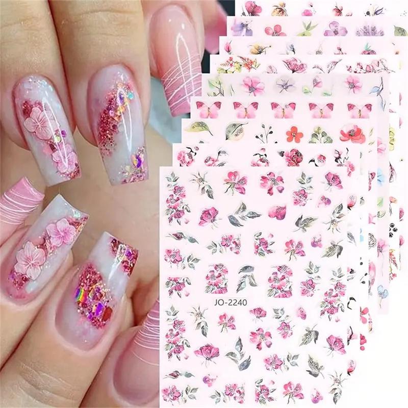 Floral Pattern Glitter Nail Art Sticker, 9pcs Self Adhesive Nail Decal, Nail Art Decoration for Women & Girls