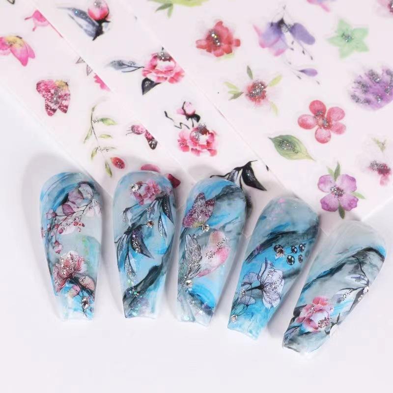 Floral Pattern Glitter Nail Art Sticker, 9pcs Self Adhesive Nail Decal, Nail Art Decoration for Women & Girls