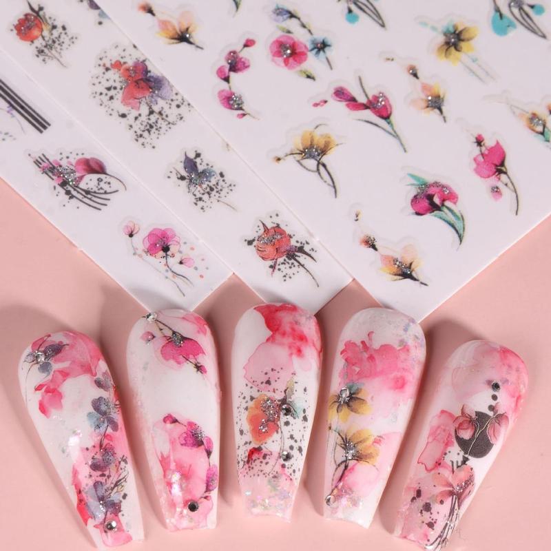 Floral Pattern Glitter Nail Art Sticker, 9pcs Self Adhesive Nail Decal, Nail Art Decoration for Women & Girls