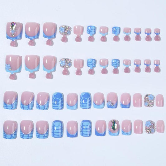 Blue French Flower Fake Nails Set, 1 Box Fake Toenails & 1 Box Fake Fingernails, 2 Nail Files & 2 Sheet Stickers & 2 Wood Sticks, Elegant Stick on Nails Kit