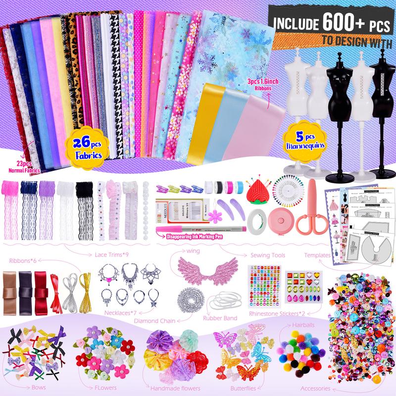 600+Pcs - Fashion Designer Kit for Girls with 5 Mannequins - Arts and Crafts Kit- Sewing Kit for Kid Ages 8-12 -Girls Gift Age 6 7 8 9 10 11 12