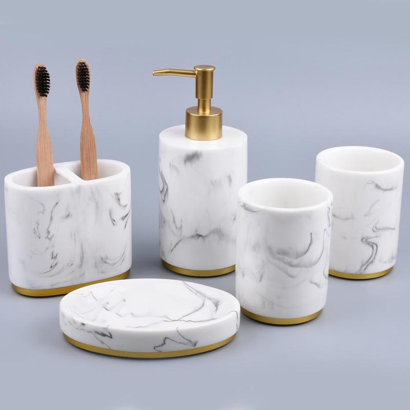 5pcs Marble Pattern Bathroom Set, Including 1 Soap Dispenser, 1 Toothbrush Holder, 1 Soap Bar Dish, 2 Mouthwash Cups, Bathroom Supplies for Home Hotel