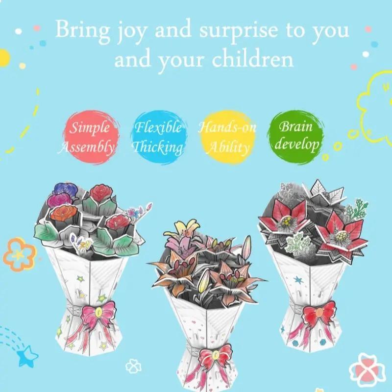 1 Set 3D Flower Puzzle Toy, Creative DIY Flower Puzzle Toy with 10 Colors Brush, DIY Art Supplies