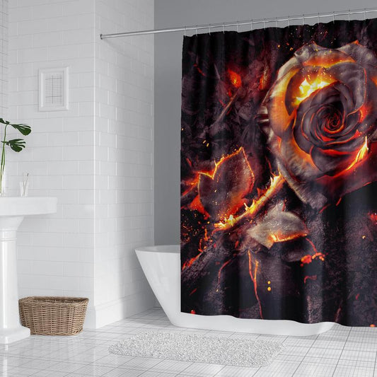 Flame Rose Print Shower Curtain, Decorative Waterproof Shower Curtain with 12pcs Hooks, Home Supplies for Bathroom