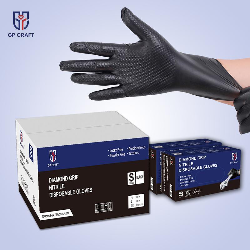 GP Craft  8Mil Diamond Textured Black Nitrile Gloves (Automative Work) Cleaning Hand Cover