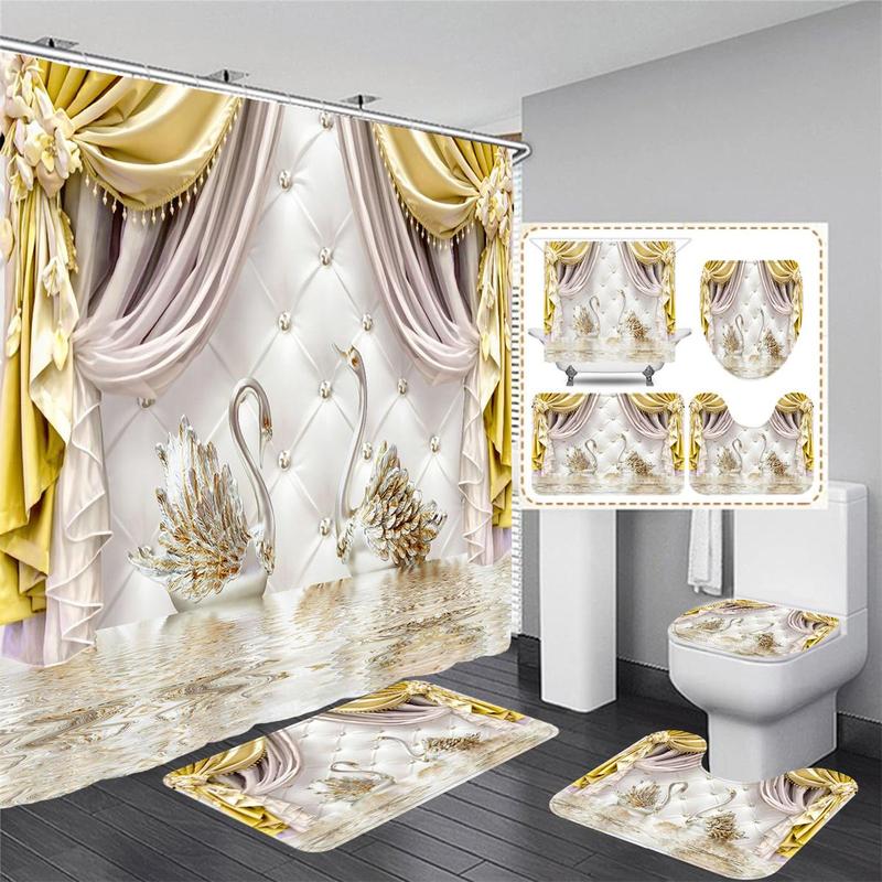 Swan Pattern Curtain Set, 4 Counts/set Including 3 Counts?Mats and 1 Count?Waterproof Shower Curtain with 12pcs Hooks, Bathroom Set