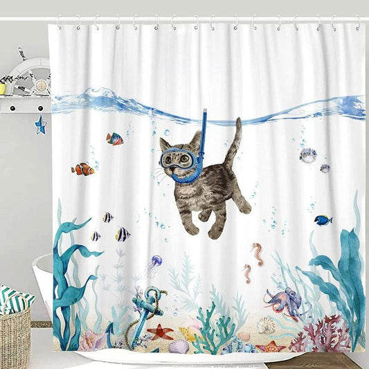 Funny Cat Shower Curtain Set Teal Blue Sea Ocean Waterproof Fabric (Blue, 72''¡Á72'')